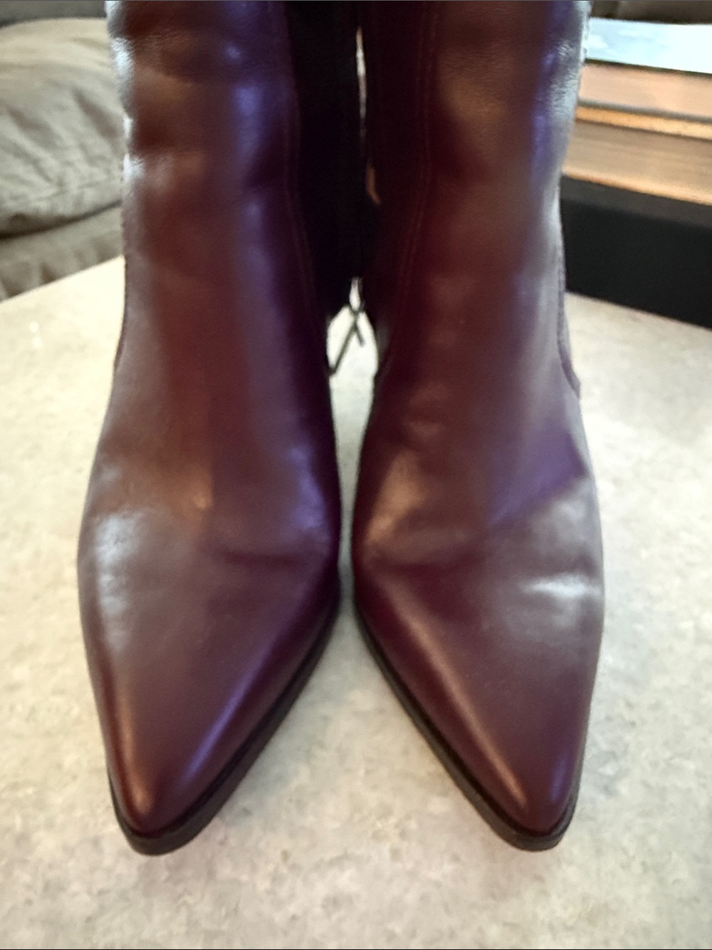 Veronica Beard Burgundy Pointed-Toe Leather Mid-Calf Boots - Picture 2 of 9
